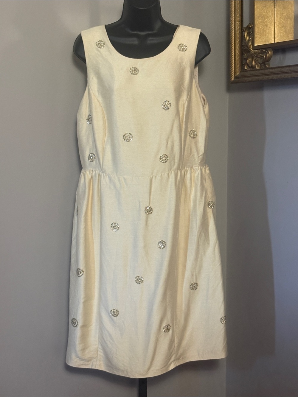 Boden Size 12 Wool Silk Blend Dress Ivory Cream silk Rhinestone Embellishments